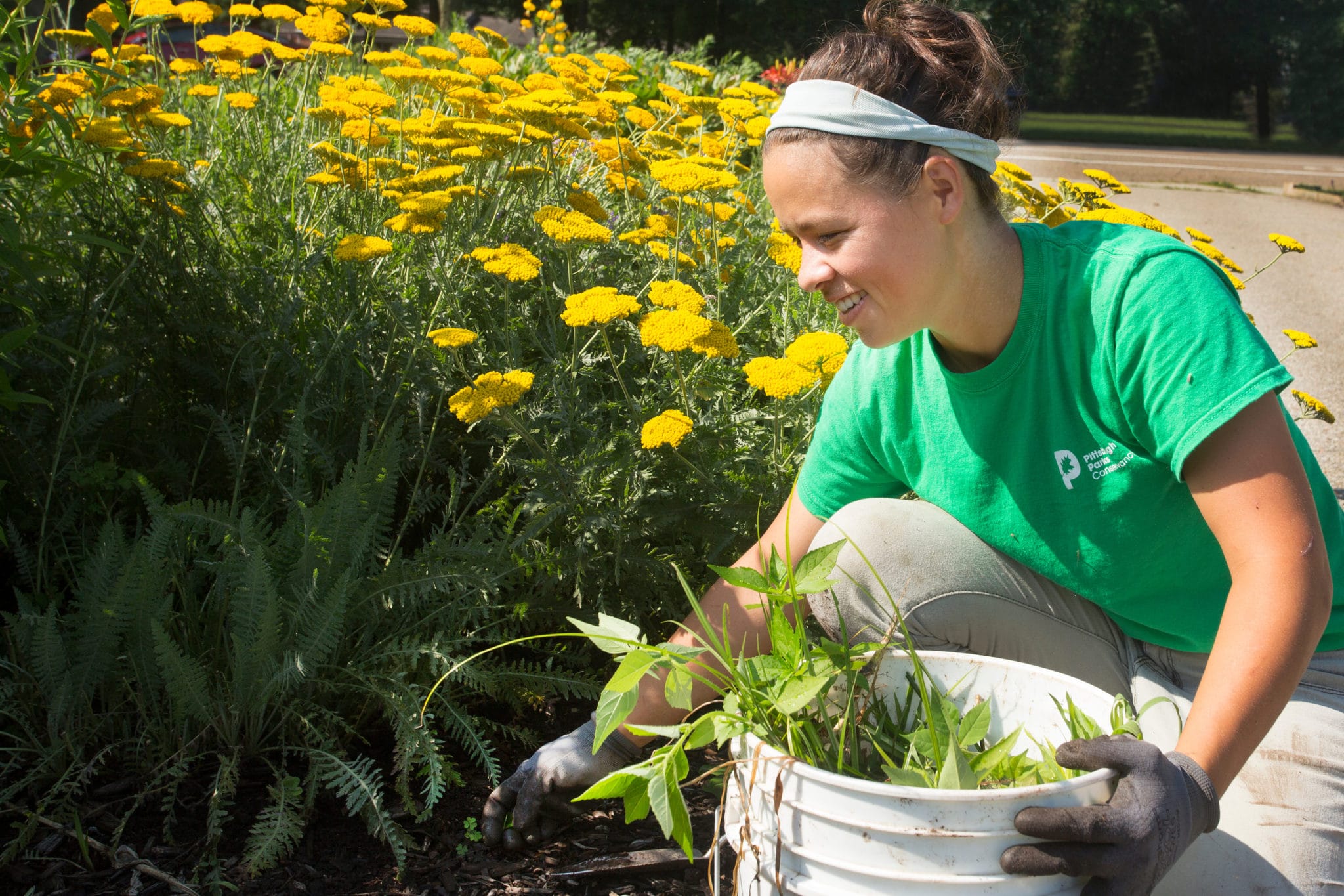 Female volunteer weeding through garden