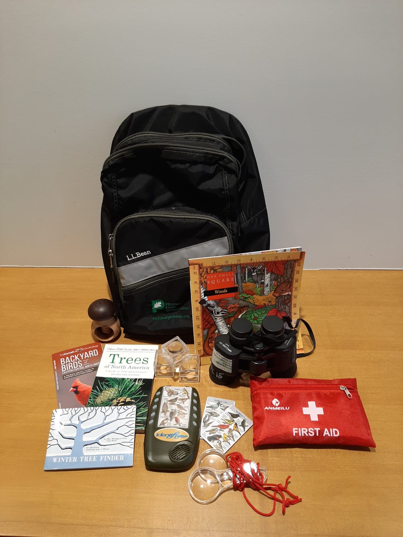 Backpack with first aid kit, nature guides, and magnifying glasses