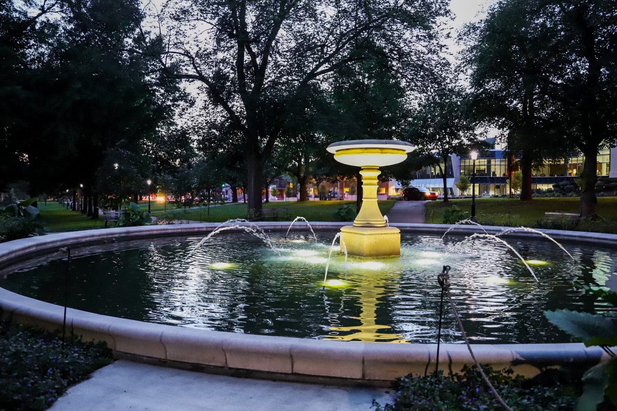 The Patricia Rooney Memorial Fountain in the evening