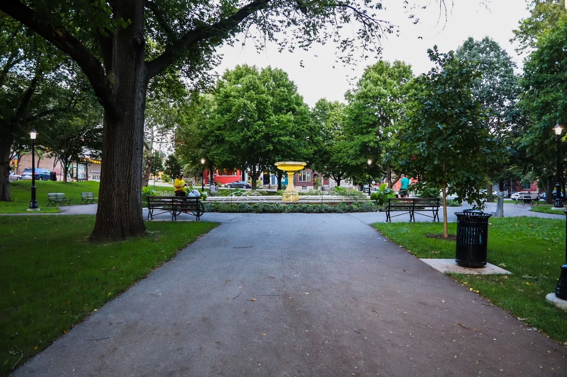A pathway leading to the Patricia Rooney Memorial Fountain in Allegheny Commons Park.