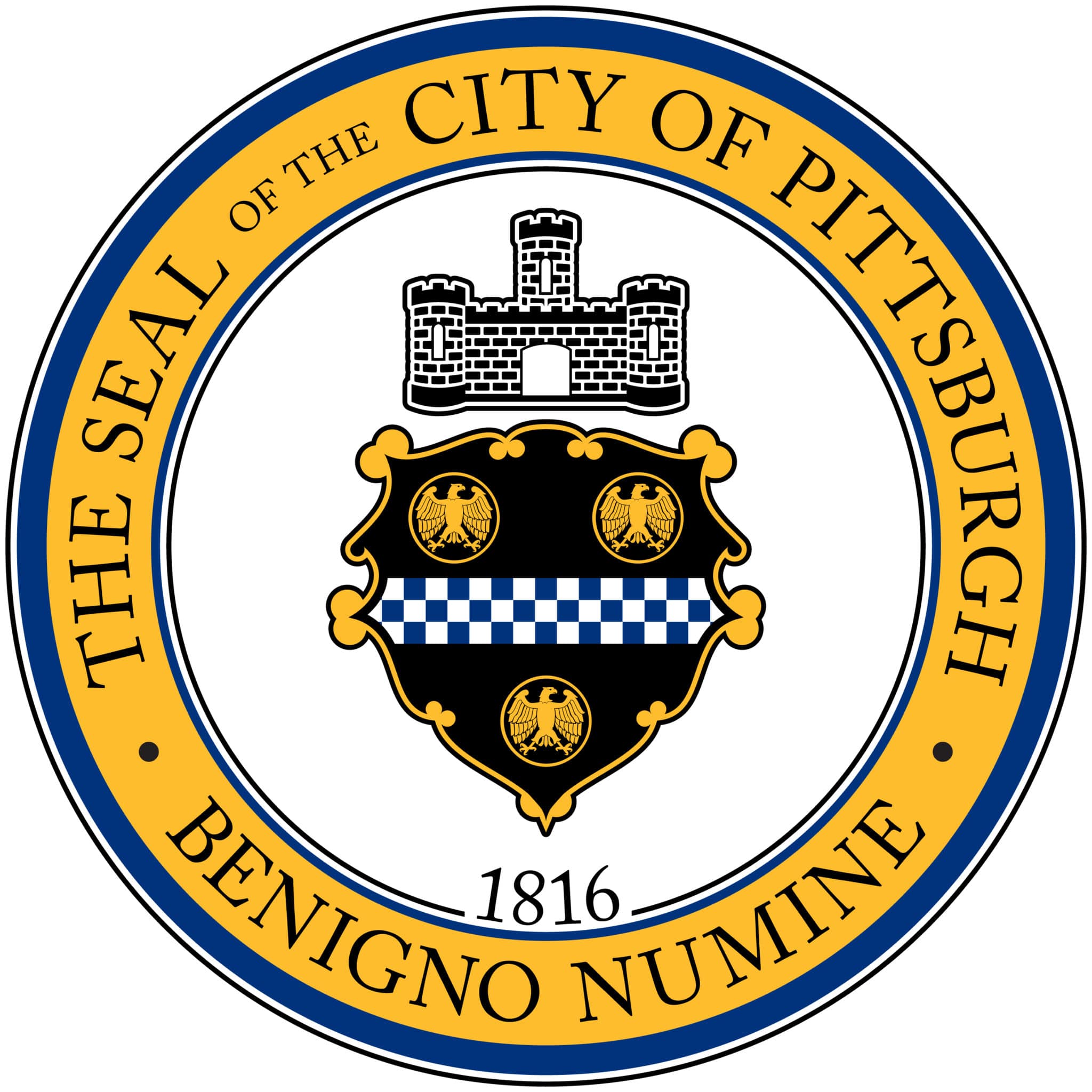 The seal of the City of Pittsburgh features a castle, a shield with eagles, and a blue and white checkered band, encircled by text.