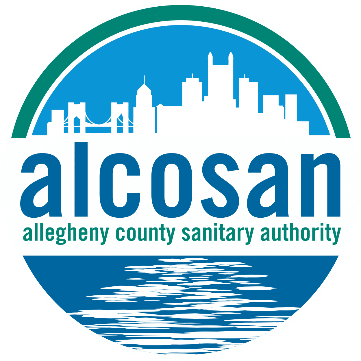 Logo of Alcosan, featuring a skyline silhouette, water imagery, and the text "allegheny county sanitary authority."