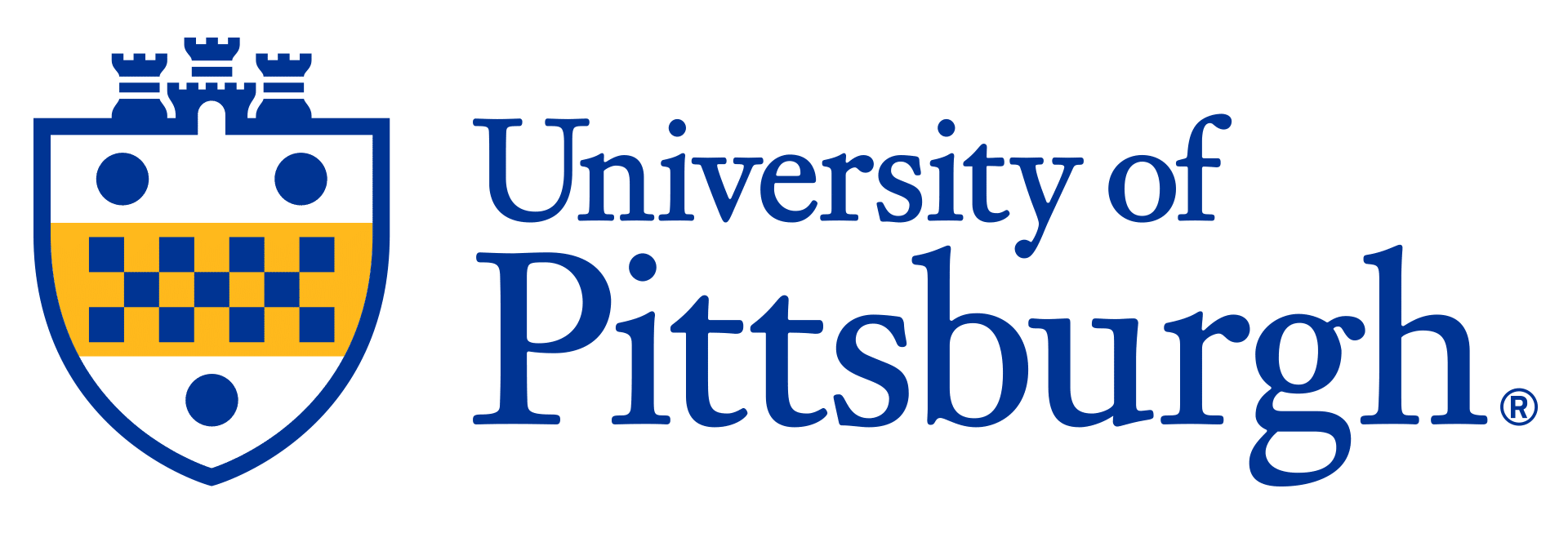 Logo of the University of Pittsburgh featuring a shield with blue and gold colors, including a checkered pattern and crowns.